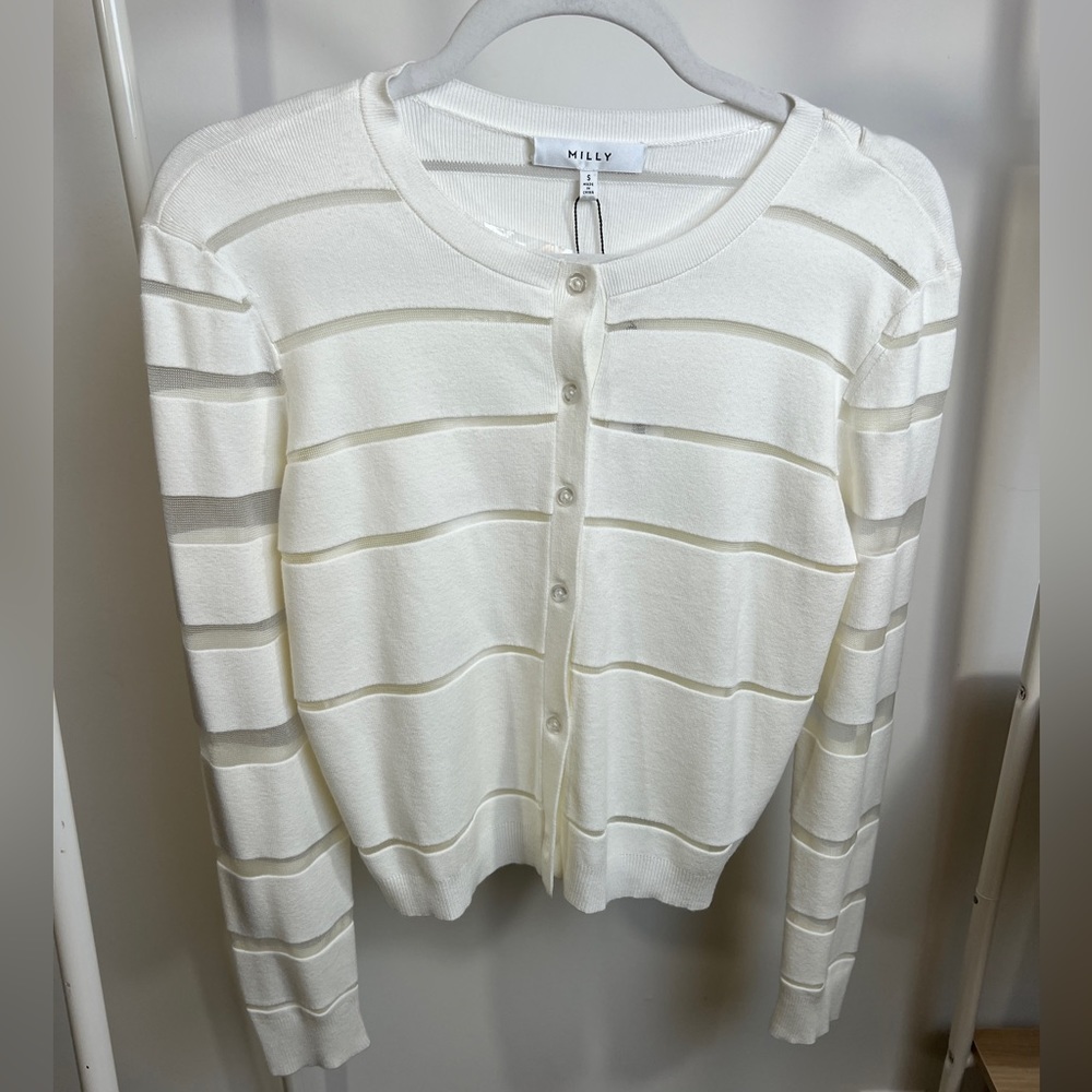 BRAND NEW Milly sheer stripe white cardigan, size S NWT